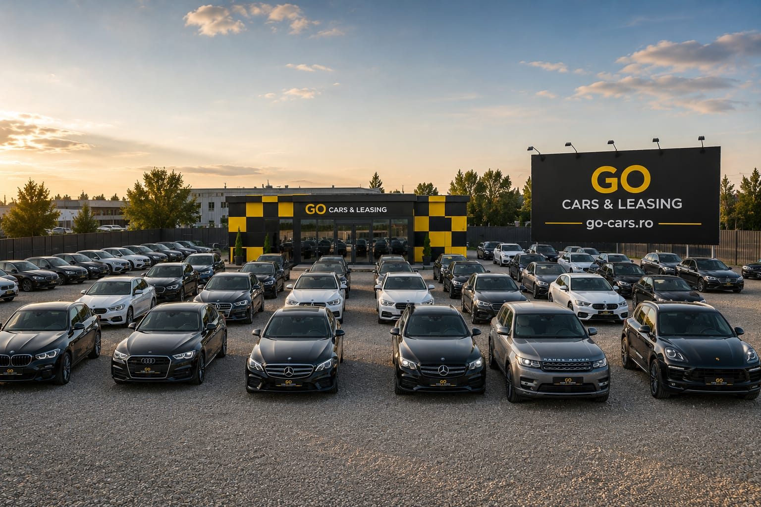 Showroom GO Cars & Leasing și parcul auto la apus